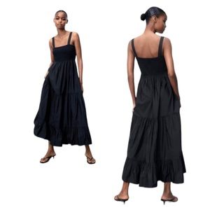 Zara poplin midi dress black ruffled skirt eyelet cutouts spaghetti straps New S
